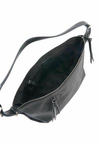 Sac à main en cuir noir avec fermeture éclair, bandoulière réglable et poches internes. Texture lisse et design minimaliste.