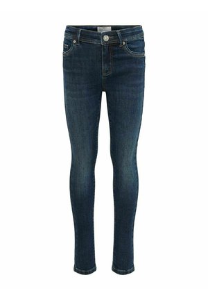 Mørkeblå skinny jeans til børn med for- og baglommer, knaplukning og let falming på lår og knæ.