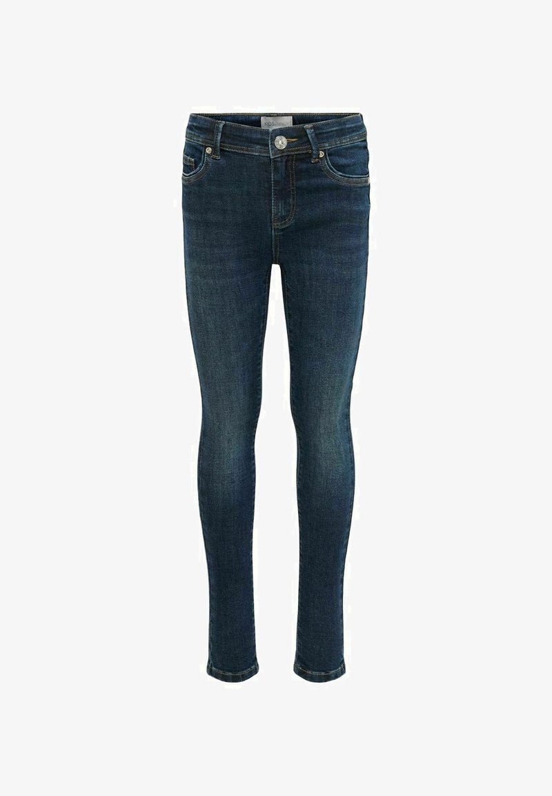 Vaqueros ajustados azul oscuro para niños con bolsillos delanteros y traseros, cierre de botón y sutil desgaste en los muslos y las rodillas.