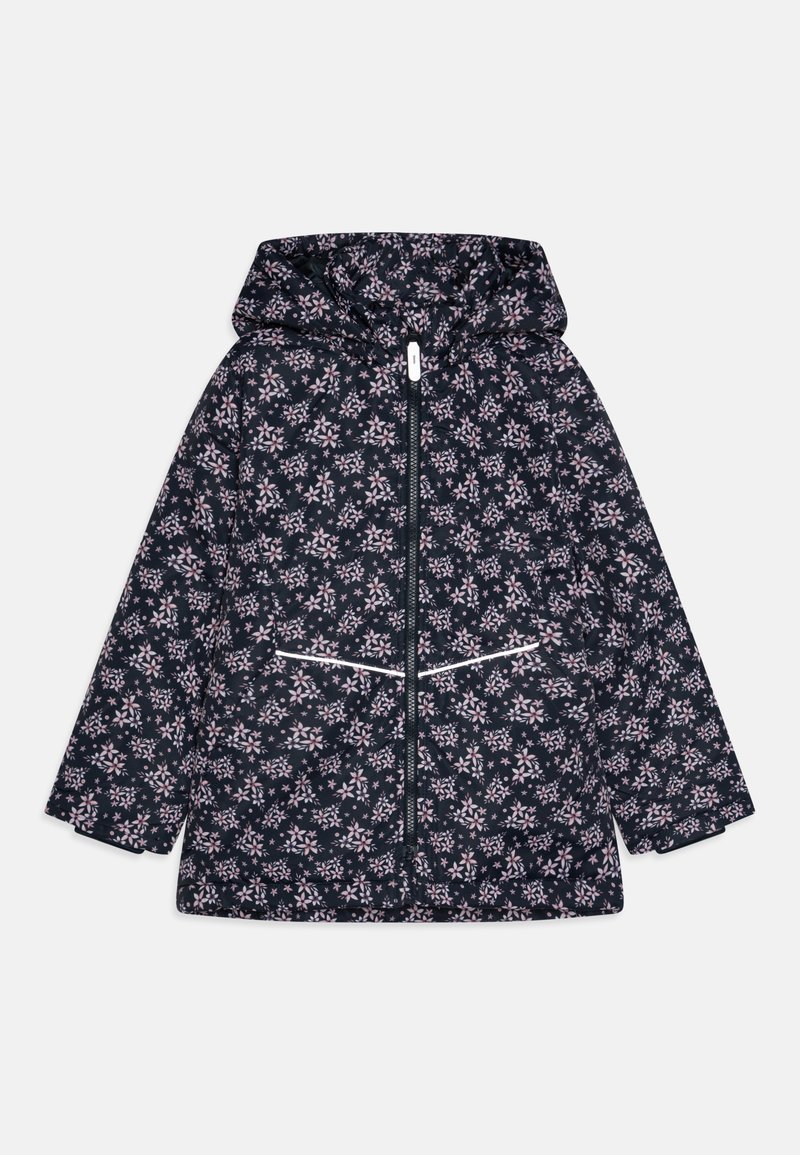 Melnas ziedu raksta jaka ar kapuci, aprīkota ar frontālo rāvējslēdzēju, divām kabatām un atstarotājiem uz kabatām.