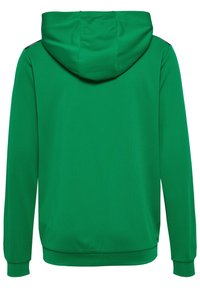 Grøn hættetrøje med en tekstureret stof, der har en kængurulomme og ribstrikkede manchetter. Simpelt design uden synlige grafik eller detaljer.