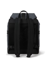 Back view of a gray backpack featuring textured material, padded shoulder straps, mesh paneling, and a side zip pocket.