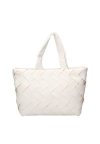 Borsa tote bianca intrecciata con due manici robusti. Caratterizzata da una superficie liscia con un motivo geometrico e una chiusura superiore con zip.