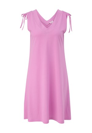 V-veida bezpiedurkņu kleita gaiši rozā kokvilnas audumā, ar regulējamām saitēm uz pleciem un brīvu piegriezumu.