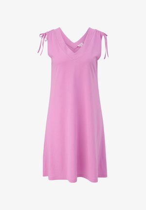 Šviesiai rožinės spalvos medvilninė suknelė be rankovių su V formos iškirpte, turinti reguliuojamus raiščius pečiuose ir laisvą siluetą.