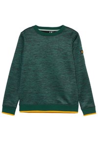 Pullover a maniche lunghe verde scuro e nero mélange con colletto, polsini e orlo a coste, dotato di dettagli gialli e una piccola patch sulla manica sinistra.