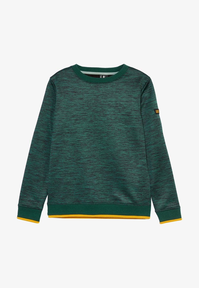 Pullover a maniche lunghe verde scuro e nero mélange con colletto, polsini e orlo a coste, dotato di dettagli gialli e una piccola patch sulla manica sinistra.