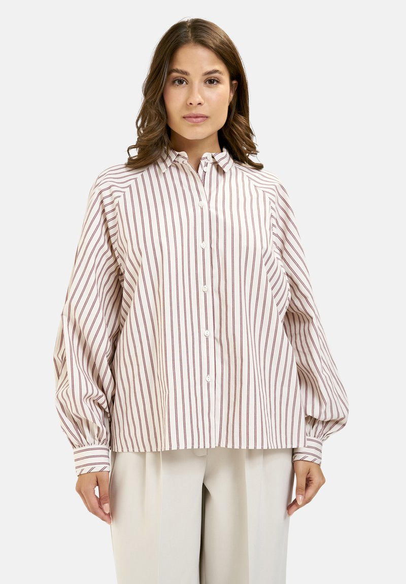 Striped blouse in white and maroon cotton, featuring a button-down front, collared neck, and voluminous sleeves. Casual fit with a relaxed silhouette.