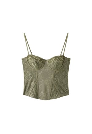 Stradivarius, LACE CORSETRY-INSPIRED TOP - Top - khaki