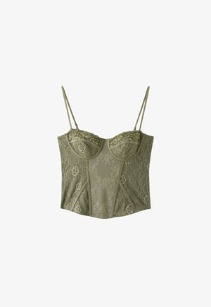 Stradivarius, LACE CORSETRY-INSPIRED TOP - Top - khaki