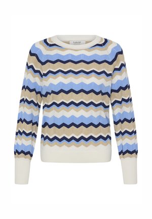 Pull en tricot avec motif en zigzag bleu, beige et blanc. Il comporte des manches longues, des poignets côtelés et un col rond. Texture douce.