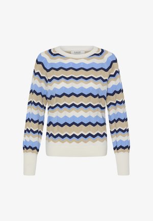 Gebreide trui met zigzagpatroon in blauw, beige en wit. Voorzien van lange mouwen, geribbelde manchetten en een ronde halslijn. Zachte textuur.