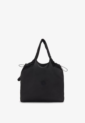 Černá nylonová taška přes rameno s uzavíráním na šňůrku, dvěma popruhy na ramena a jemně vyraženým logem na přední straně. Hladká textura s minimalistickým designem.