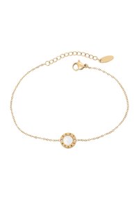Bracciale in tono dorato con un centrale rotondo dotato di una pietra bianca e la dicitura incisa "LOVE". Catena regolabile con chiusura a gancio.