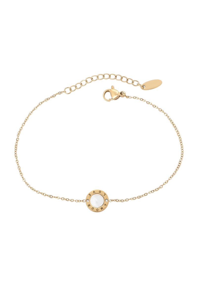 Bracciale in tono dorato con un centrale rotondo dotato di una pietra bianca e la dicitura incisa "LOVE". Catena regolabile con chiusura a gancio.