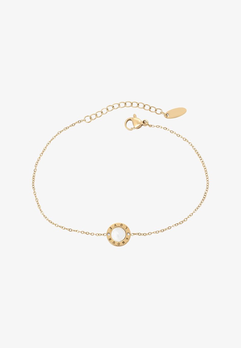 Zlatý náramok s okrúhlym stredom obsahujúcim biely kameň a gravírovaným nápisom "LÁSKA". Nastaviteľný reťazec s uzáverom na homárku.