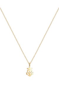 Goldkette mit rundem Ankeranhänger, der eine glatte Oberfläche und ein ausgeschnittenes Design aufweist. Die Kette besteht aus kleinen, miteinander verbundenen runden Gliedern.