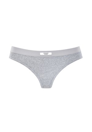 Hellgraue, gerippte Bikini-Unterwäsche mit einem glatten Bund und einem kleinen weißen Etikett mit der Aufschrift "Copenhagen Studios" in der Mitte vorne.