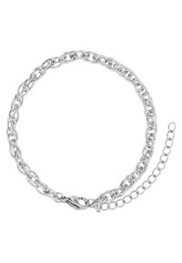 Collana in argento con anelli ovali intrecciati, chiusura a moschettone e una breve catena di estensione. Finitura metallica liscia e design flessibile.