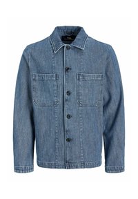 Veste en denim bleu avec une finition texturée. Comprend un col, une fermeture à boutons sur le devant, deux poches poitrine et des manches longues.