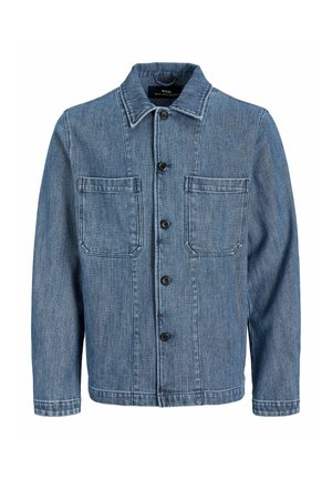 Blaues Denim-Jackett mit strukturiertem Finish. Verfügt über einen Kragen, eine vordere Knopfleiste, zwei Brusttaschen und lange Ärmel.
