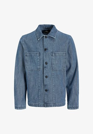 Blaues Denim-Jackett mit strukturiertem Finish. Verfügt über einen Kragen, eine vordere Knopfleiste, zwei Brusttaschen und lange Ärmel.