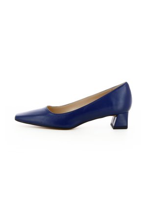 Scarpa da donna con tacco basso a blocco in pelle blu scuro con punta affusolata e fodera interna beige, vista laterale su sfondo bianco.