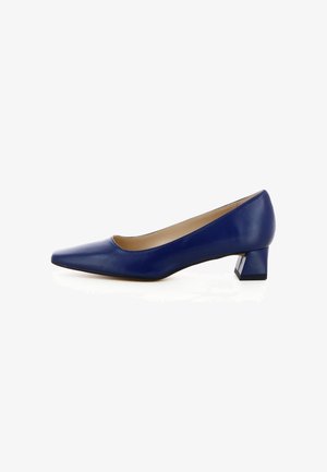 Scarpa da donna con tacco basso a blocco in pelle blu scuro con punta affusolata e fodera interna beige, vista laterale su sfondo bianco.