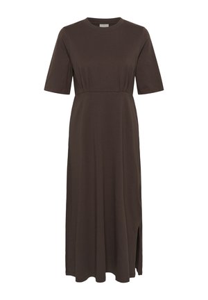 Rochie midi maro închis cu mâneci scurte, decolteu rotund, cusătură în talie și șliț lateral pe tivul stâng.