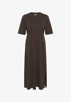 Mørkebrun midi-kjole med korte ærmer, rund halsudskæring, taljesøm og sideslids i venstre kant.