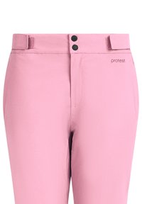 Roze broek met een gladde textuur, voorzien van twee zwarte knopen bij de taille, een klittenbandsluiting en "protest" branding aan de zijkant.
