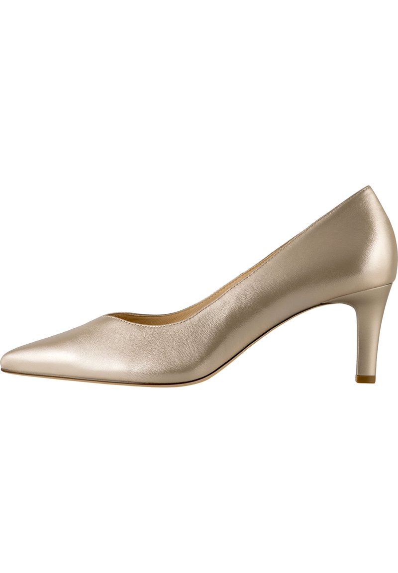 Escarpin beige à bout pointu en cuir lisse avec un petit talon. Présente un design épuré et une finition légèrement brillante.