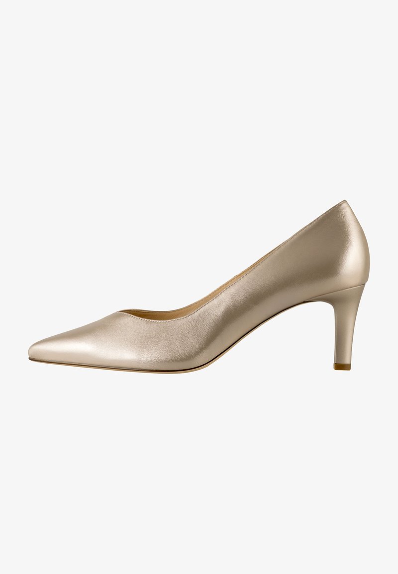 Beige pointed-toe pump made of smooth leather with a low heel. Features a sleek design and a subtle shiny finish.