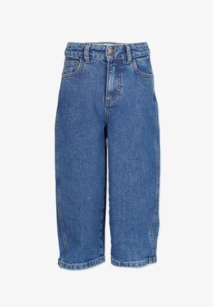 Blå denimjeans med høj talje, brede ben og fem lommer. Har en frontknaplukning og klassisk syning langs sømmene.