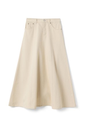 Gonna beige a vita alta a linea ad A con bottoni frontali e cerniera, due tasche frontali e passanti per cintura, realizzata in tessuto di denim.