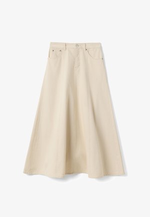 Gonna beige a vita alta a linea ad A con bottoni frontali e cerniera, due tasche frontali e passanti per cintura, realizzata in tessuto di denim.