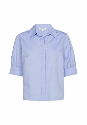 Lichtblauw overhemd met korte mouwen, een knoopsluiting aan de voorkant, een gestructureerde kraag en opgepofte mouwen, gemaakt van een glad katoenen stof.
