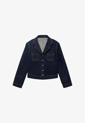 Dunkelblaue Jeansjacke mit Reverskragen, zwei vorderen Taschen und Knopfverschluss. Verfügt über sichtbare Nähte und ein kurzes Design.