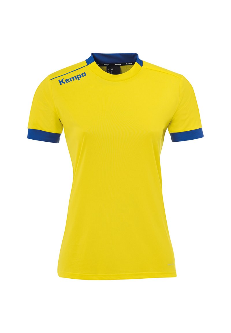 Maglia sportiva gialla con collo a giro, accentata in blu su maniche e colletto, realizzata in tessuto leggero, con il logo "Kempa".