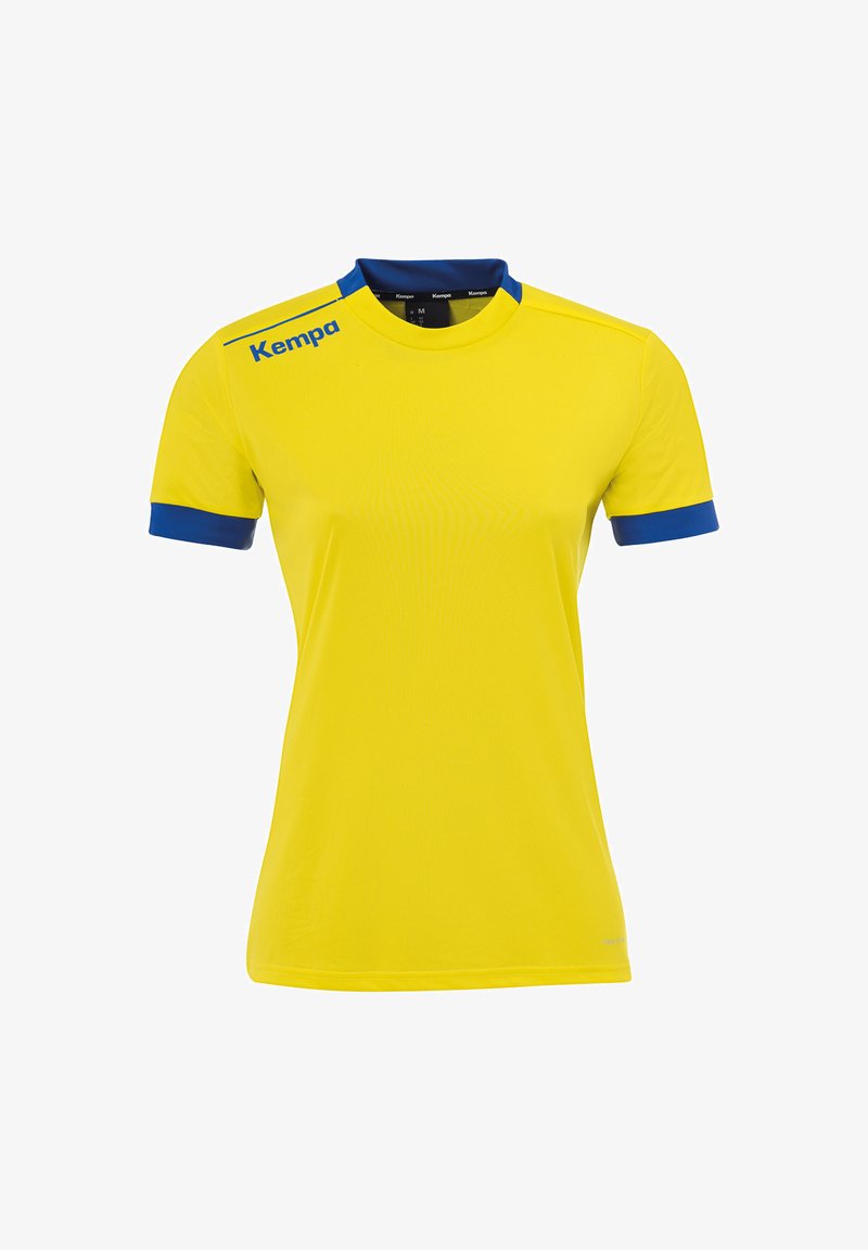 Gul sportstrøje med rund hals, blå accenter på ærmer og krave, lavet af letvægtsstof, med "Kempa" logo.