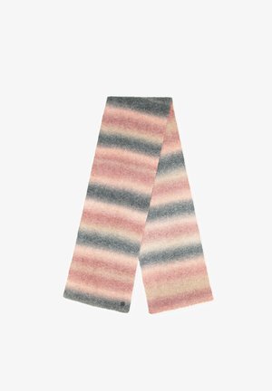 Geribde sjaal met horizontale strepen in tinten roze, beige en grijs. Zachte textuur met een licht versleten rand.