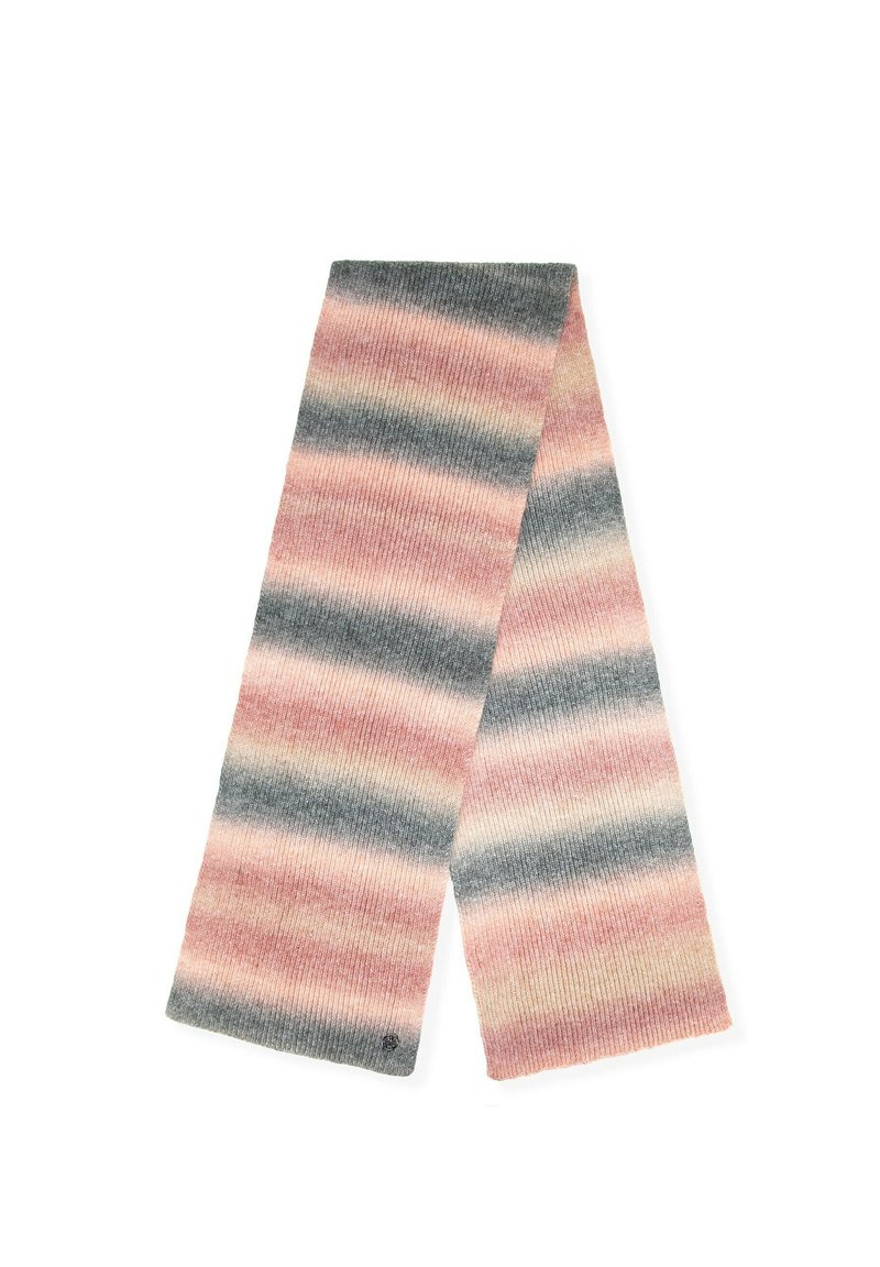 Bufanda acanalada con rayas horizontales en tonos rosa, beige y gris. Textura suave con un borde ligeramente deshilachado.