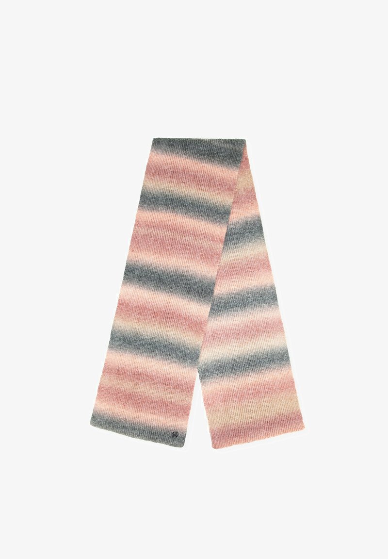 Bufanda acanalada con rayas horizontales en tonos rosa, beige y gris. Textura suave con un borde ligeramente deshilachado.