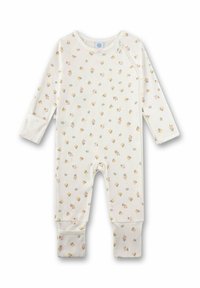 Weißer Strampler mit floralem Muster in Rosa und Gelb. Lange Ärmel und Fußteil mit umklappbaren Bündchen. Weicher, dehnbarer Stoff.