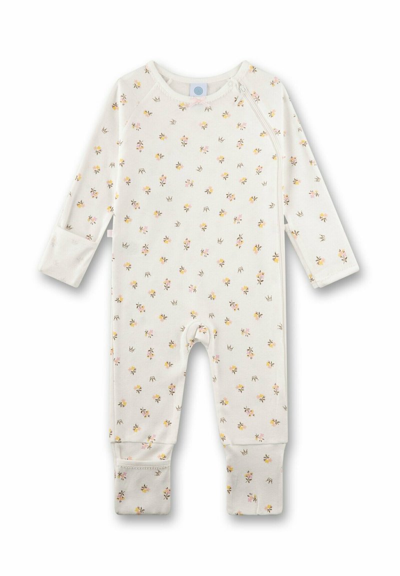 Weißer Strampler mit floralem Muster in Rosa und Gelb. Lange Ärmel und Fußteil mit umklappbaren Bündchen. Weicher, dehnbarer Stoff.