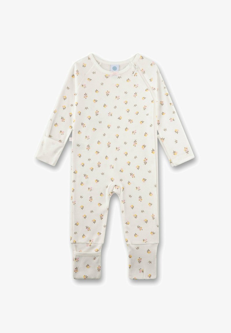 Weißer Strampler mit floralem Muster in Rosa und Gelb. Lange Ärmel und Fußteil mit umklappbaren Bündchen. Weicher, dehnbarer Stoff.
