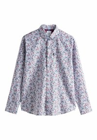 Dlhý rukáv košele bielej farby s kvetinovým vzorom, ktorý má červené, modré a zelené akcenty. Klasický golier a zapínanie na gombíky. Bavlnený materiál.