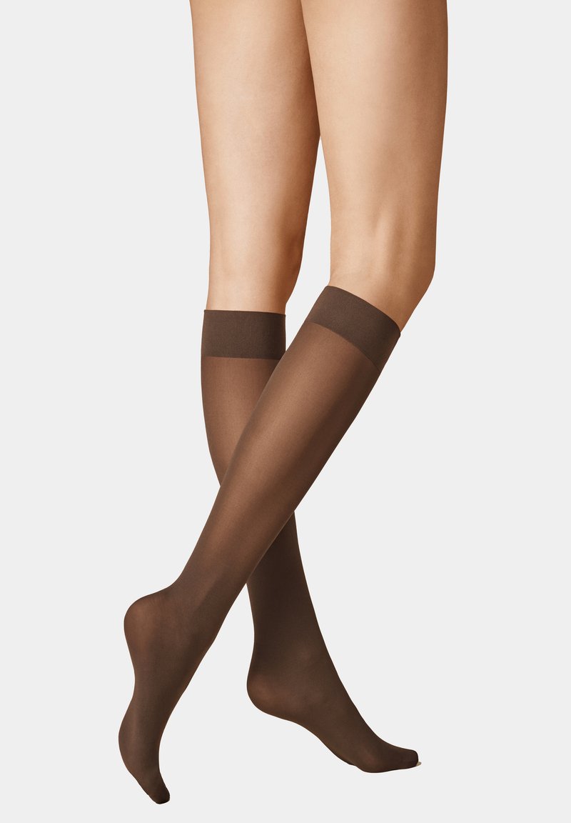 Brown knee-high stockings with a smooth, sheer texture and a solid brown band at the top. They fit snugly against the legs.