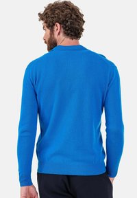 Blauer Pullover mit langen Ärmeln, gefertigt aus weichem Strickstoff. Verfügt über einen Rundhalsausschnitt sowie ein geripptes Bündchen an Saum und Ärmeln. Glatte Textur.