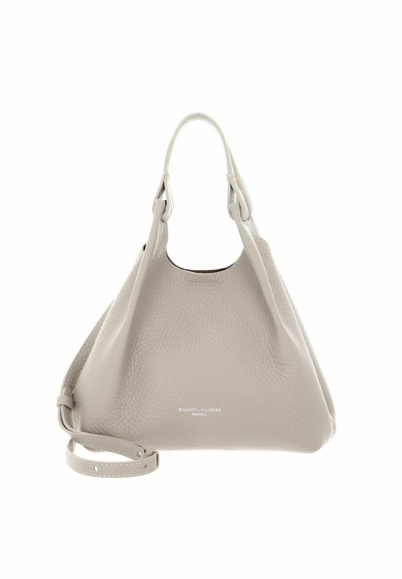 Sac à main en cuir beige avec un extérieur doux et texturé, des poignées doubles et une bandoulière détachable. Présente un logo discret à l'avant.